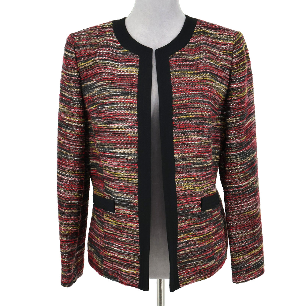 Kasper Jacket Petites 12P Black Red Tweed Lined Blazer Collarless Preppy Career